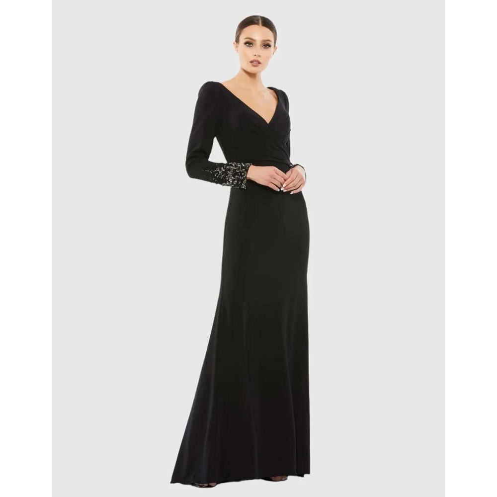 Mac Duggal Gown Womens 8 Black Beaded Cuff Wrap Front V-Neck Maxi Dress Wedding